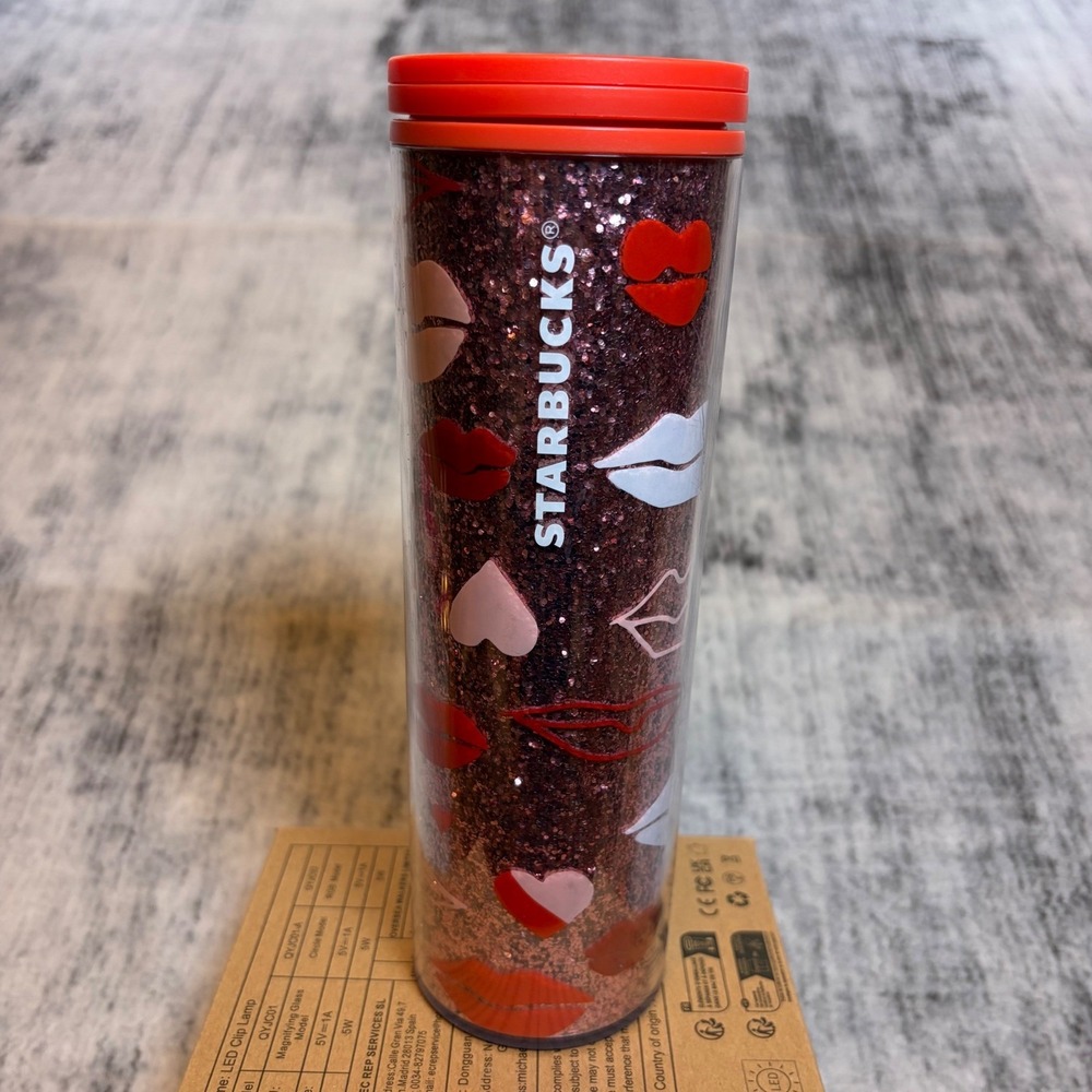 Starbucks Valentines Day Lips Hearts Glitter Tumbler 16oz Acrylic Travel Cup